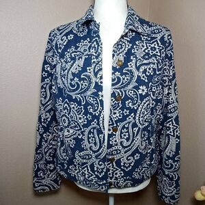 CHARTER CLUB Denim Jacket Blue White Floral Paisley Button Front Size M
